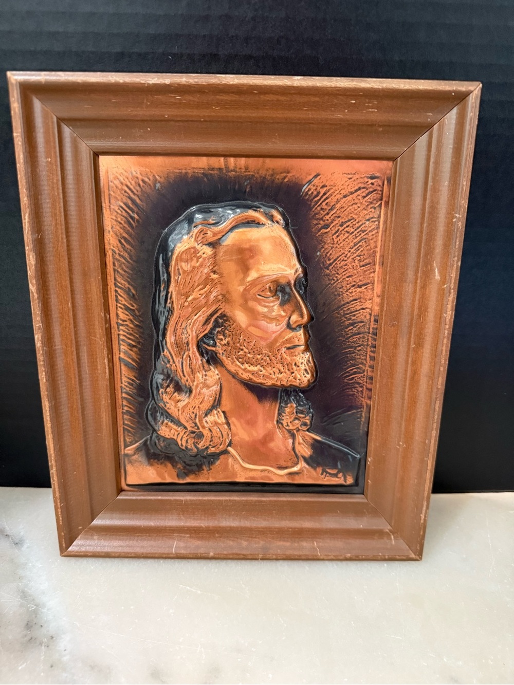 Vntg Jesus Brass Embossed Portrait w/ Corona Christian Catholic Blessing